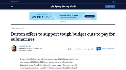 Dutton offers to support tough budget cuts to pay for submarines Screenshot