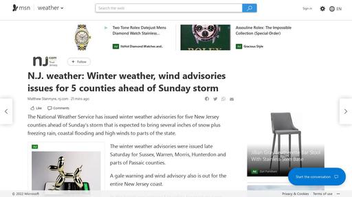 N.J. weather: Winter weather, wind advisories issues for 5 counties ahead of Sunday storm Screenshot