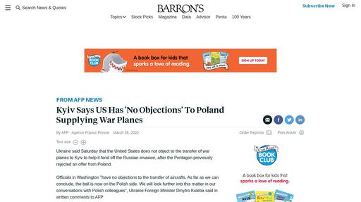 Kyiv Says US Has 'No Objections' To Poland Supplying War Planes Screenshot